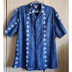 Pacific Legend Apparel Men's Shirt Size L Blue Hawaiian Aloha Palm Trees EUC